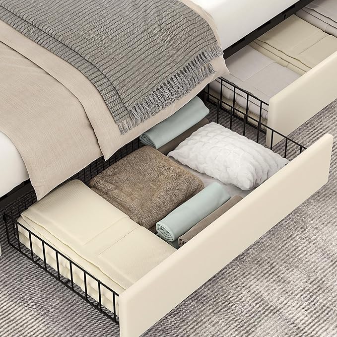 VECELO Queen Size Upholstered Bed Frame with 4 Storage Drawers, Adjustable Velvet Rivet Decor Headboard, Wooden Slats Platform Support, No Box Spring Needed, Easy Assembly