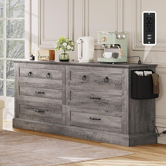 DWVO Farmhouse 6 Drawers Dresser, 59" Wide Wood Rustic Chest of Drawers with Nice Texture, Vintage Design, Storage Dressers Organizer for Living Room, Hallway, Grey
