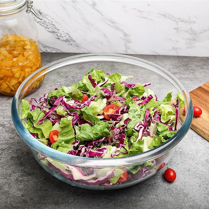 Large Glass Mixing Bowl - 6 Quart Clear Glass Salad Bowls - Glasses Bowl for Sourdough, Bread Making, Kitchen