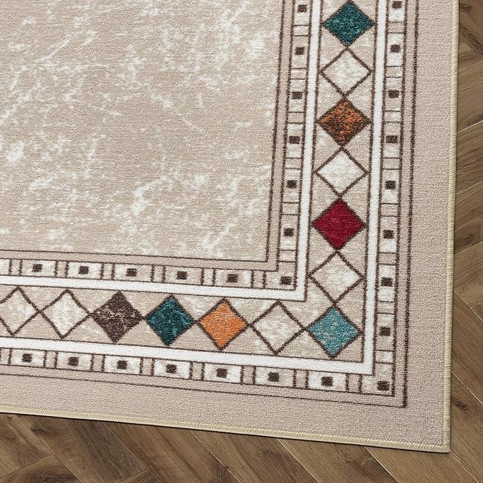 Antep Rugs Alfombras Modern Bordered 5x7 Non-Skid (Non-Slip) Low Profile Pile Rubber Backing Indoor Area Rugs (Beige, 5' x 7')