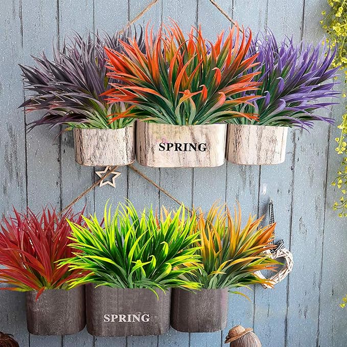 16pcs Artificial Plants Outdoor Flowers UV Resistant Fake Tall Grass Plants Faux Tropical Shrubs Plastic Greenery Bushes Front Porch Patio Garden Outside Decoration (Purple)