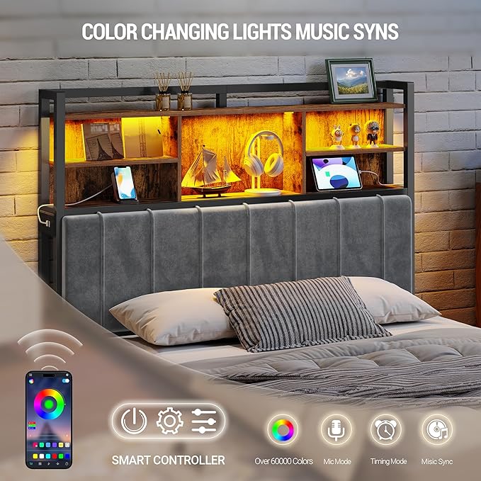 Headboard with 3-Tier Storage Shelves, Velvet Upholstered Head Board with 2 Outlets, USB Ports & LED Light, Soft Backrest for Full Size Bed, Rustic Brown and Black BH13801B