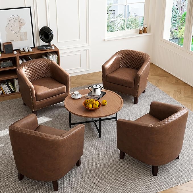 Accent Barrel Chair, Upholstered Faux Leather Club Chair with Nailed Trim, Comfy Reading Armchair for Living Room Bedroom Reception Room Office (Brown, Set of 1)