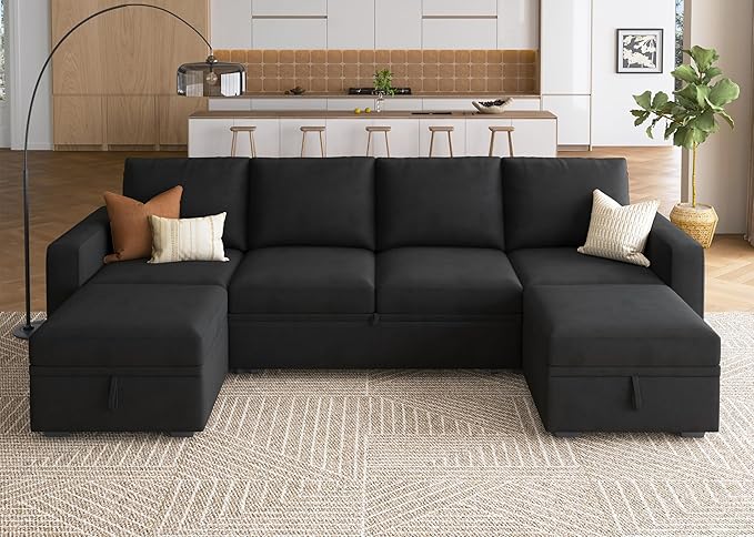 HONBAY Modular Sectional Sleeper Sofa Bed, Velvet Sectional Couch with Pull Out Bed U Shaped Modular Couch with Storage Ottoman for Living Room, Black