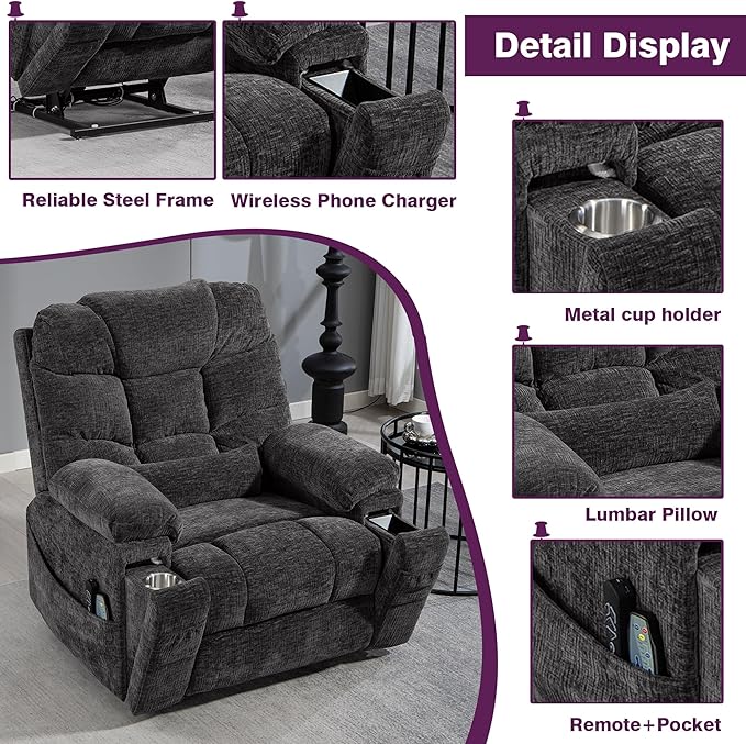 Oversized Lay Flat Power Lift Recliner Chair with Heat and Massage for Elderly, Infinite Position Heavy Duty Dual Motor Lift Chair 400 lbs with Cup Holder & Wireless Phone Charger