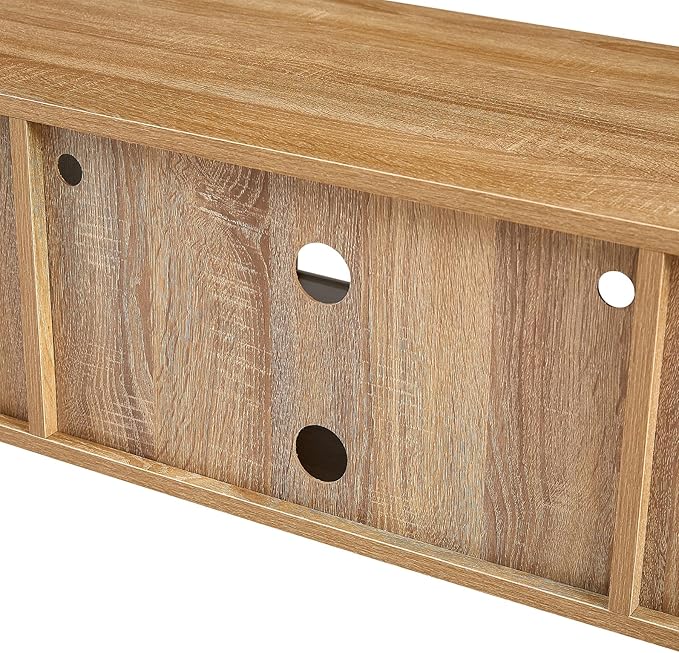 TV Stand, 54.33" TV Console for TVs up to 65 Inches, Mid Century Modern TV Stand Entertainment Center with Storage, with Rattan Door, Shelves & 2 Cabinets, 16 Color Light Strip, Natural