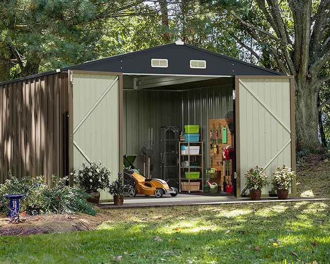 Greesum Metal Outdoor Storage Shed 10FT x 10FT, Steel Utility Tool Shed Storage House with Door & Lock, Metal Sheds Outdoor Storage for Backyard Garden Patio Lawn (10' x 10'), Brown