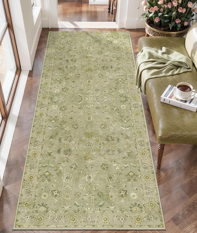 Tangsoo 2x6 Washable Runner Rug for Hallways, Non Slip Floral Vintage Runner, Soft Low Pile Long Rug, Print Distressed Flaxen Green Carpet Runners for Kitchen Bedroom Entryway Living Room