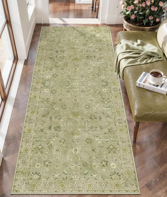 Tangsoo 2x6 Washable Runner Rug for Hallways, Non Slip Floral Vintage Runner, Soft Low Pile Long Rug, Print Distressed Flaxen Green Carpet Runners for Kitchen Bedroom Entryway Living Room