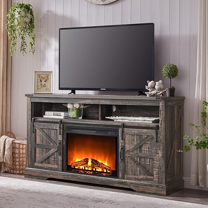 OKD Fireplace TV Stand for 65+ Inch TV, 33" Tall Highboy Farmhouse Entertainment Center w/ 23'' Electric Fireplace, Rustic Media Console w/Sliding Barn Door for Living Room, Dark Rustic Oak