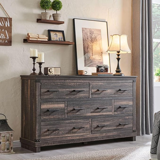 T4TREAM Farmhouse 7 Drawers Dresser for Bedroom, 54" Wide Wood Chest of Drawers w/Natural Texture & Metal Handle, Rustic Storage Dressers Organizer for Living Room, Hallway, Dark Rustic Oak