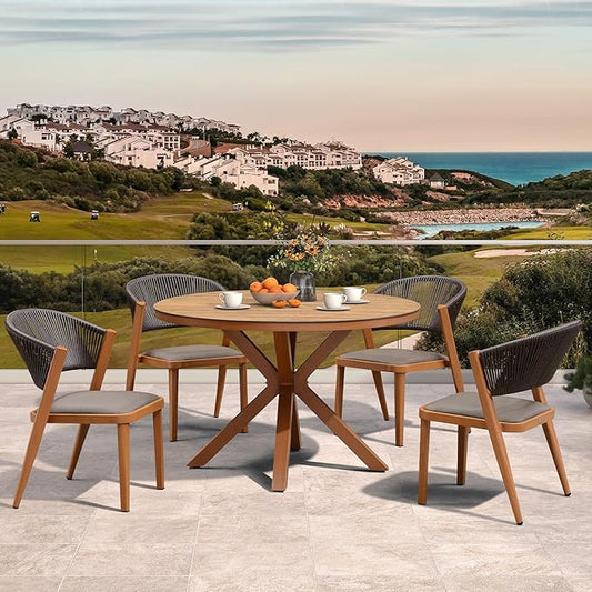 PURPLE LEAF 5 Pieces Oversize Round Outdoor Dining Set Patio Dining Furniture Aluminum Wicker Rattan Patio Dining Set for Lawn Backyard Deck Brown