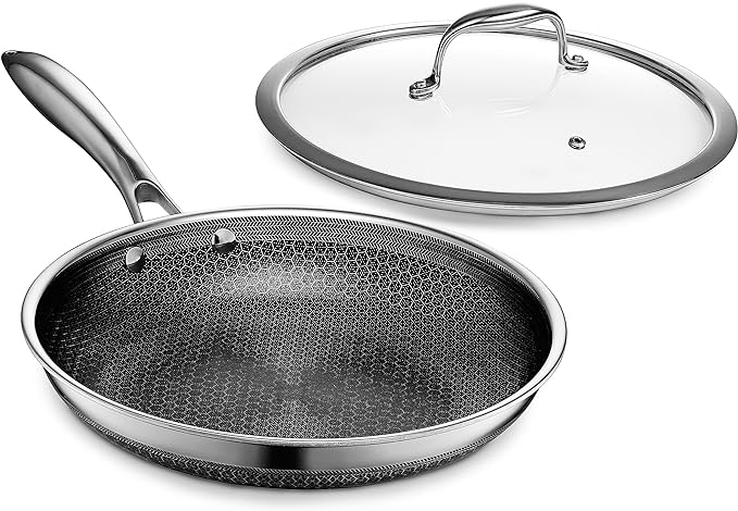 HexClad Hybrid Nonstick 10-Inch Frying Pan with Tempered Glass Lid, Stay-Cool Handle, Dishwasher-Friendly, Oven-Safe Up to 900°F, Induction Ready, Compatible with All Cooktops