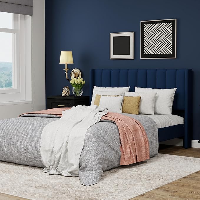 Upholstered Platform Queen Size Bed Frame with Headboard Wooden Slats Support No Noise Easy Assembly Blue Velvet