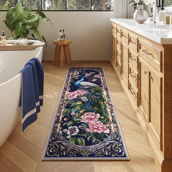 Runner Rug for Kitchen 2'6"x8' Washable Rugs with Rubber Backing Soft Floral Peacock Floral Animal Carpet Runner for Kitchen, Laundry, Bedroom, Bathroom (Cobalt Blue)