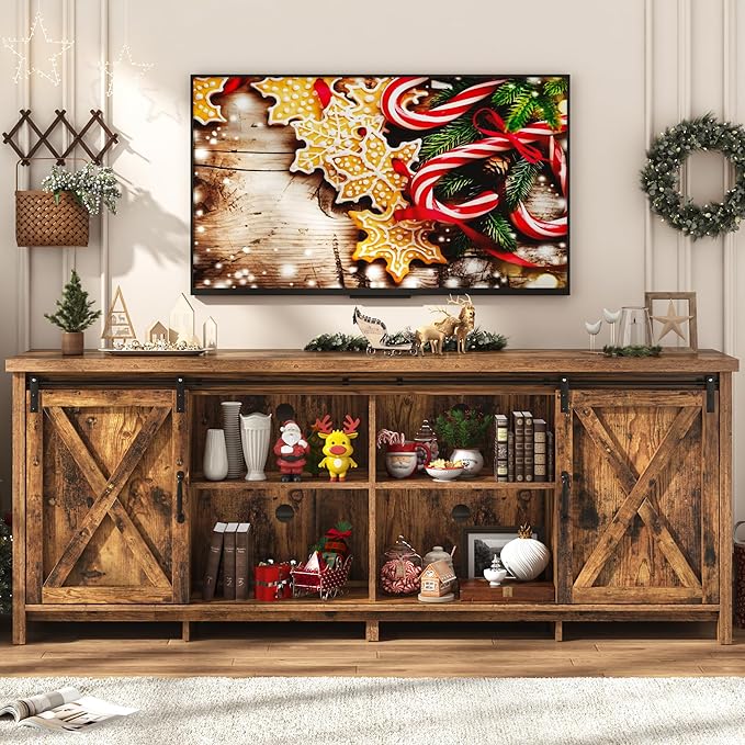 Farmhouse TV Stand for 80 Inch TV with Sliding Barn Door, Rustic Wood Entertainment Center Large Media Console Cabinet Long Television Stands,Console Table and Media Furniture for Living Room(Brown)