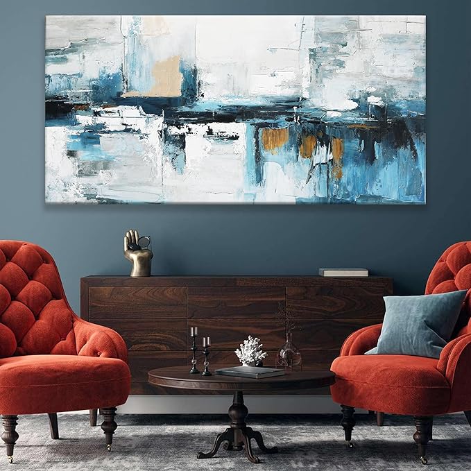 Tsomzxng Abstract Wall Art For Living Room Canvas Art Wall Decor Large Blue White Wall Art Office Abstract Painting For Home Bedroom Decor Hotel Artwork 29x58 Inch