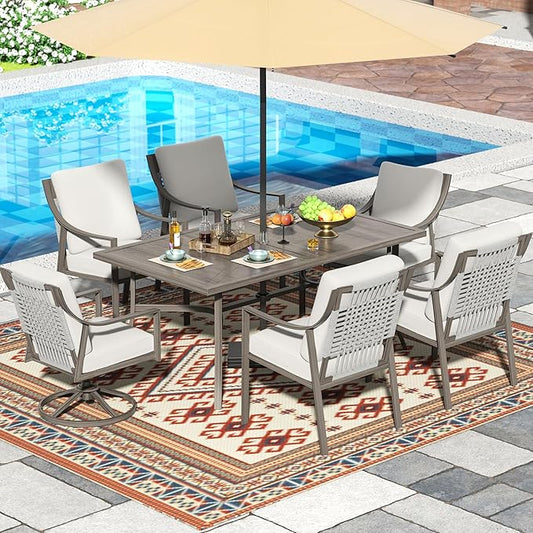 NATURAL EXPRESSIONS 7 Piece Patio Dining Table Outdoor Furniture Set for 6, 4Pcs Fixed and 2Pcs Swivel Patio Dining Chairs with Olefin Cushions, 65”Large Dining Table with Umbrella Hole