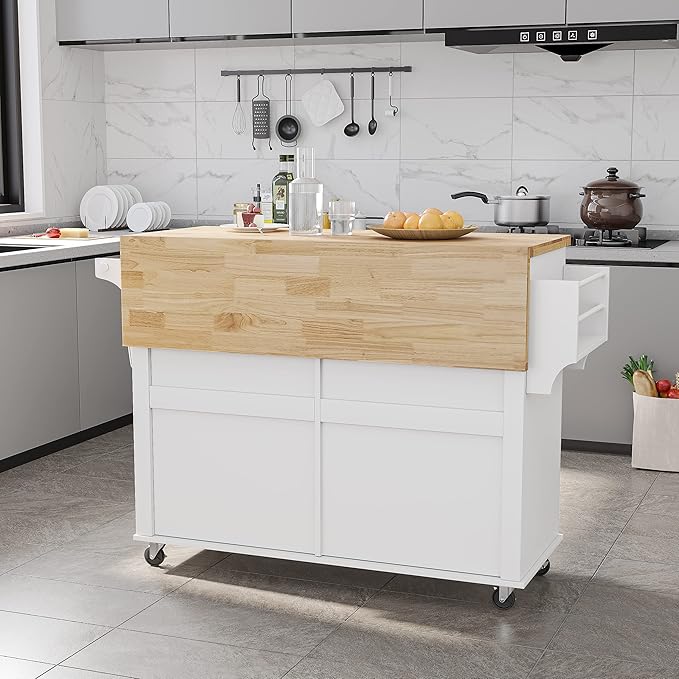 Kitchen Cart with Wood Top and Drop Leaf Breakfast Bar, Rolling Mobile Kitchen Island Table on Wheels with Drawer and Storage Cabinet, Spice Rack, Towel Rack, White