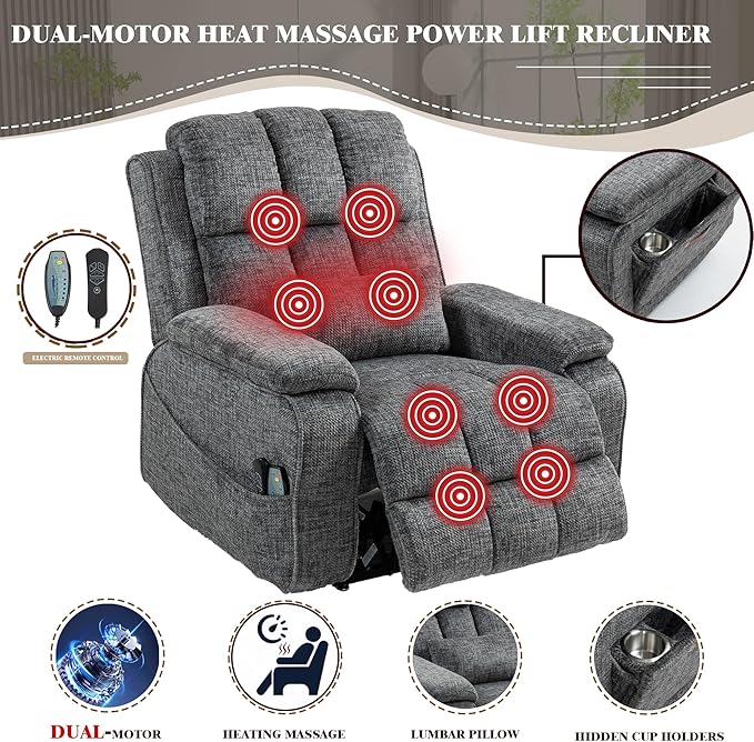 Power Recliner Chair with Heat and Massage, Dual Motor Lumbar Lift Recliner Chairs for Elderly, 180° Lay Flat Recliner with Side Storage Cup Holder and USB Type C Charging for Adults