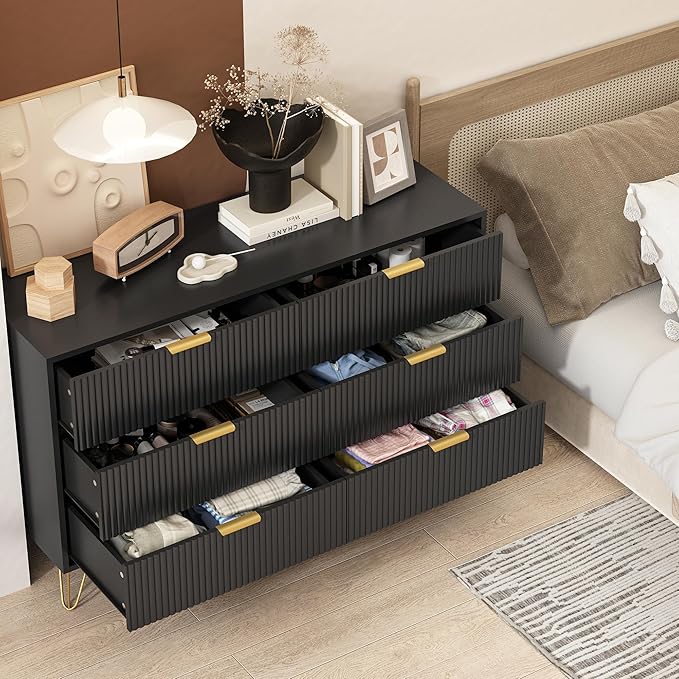 Black Dresser for Bedroom, 6 Drawers Wood Dresser with Golden Handle, Modern Wood Chest for Living Room, Hallway, Entryway
