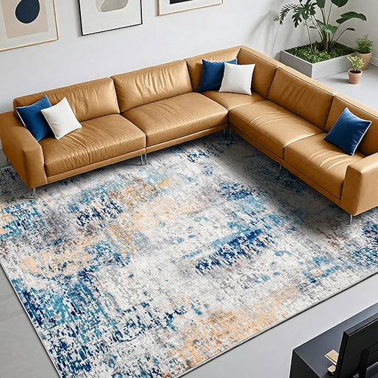 8x10 Area Rug for Living Room, Modern Washable Rug Non Slip Low Pile Large Area Rugs for Living Room, Bedroom, Farmhouse, Dining Room, Kids Playroom, Blue