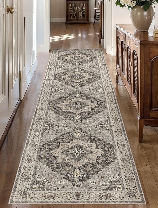 Tangsoo 2x10 Washable Runner Rug for Hallways, Non Slip Vintage Runner Rug, Soft Low Pile Long Runner, Print Distressed Brown/Grey Carpet Runners for Kitchen Bedroom Entryway Bathroom Living Room