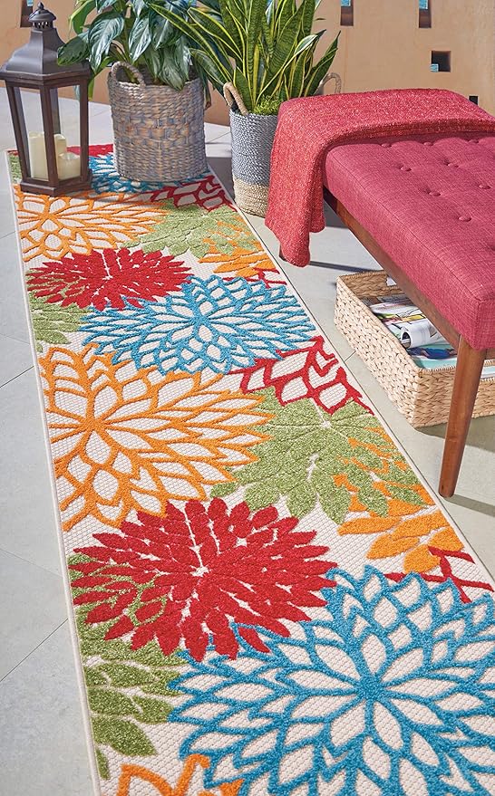 Nourison Home Aloha Indoor/Outdoor Floral Green Multicolor 2'3"X12' Area Rug Runner (2'x12')