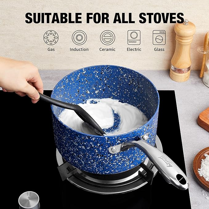 Kitchen Nonstick Saucepan Set - 1 Quart and 2 Quart Sauce Pan Set with Lid - Multipurpose Pots Set Use for Home Kitchen or Restaurant (Blue Granite)