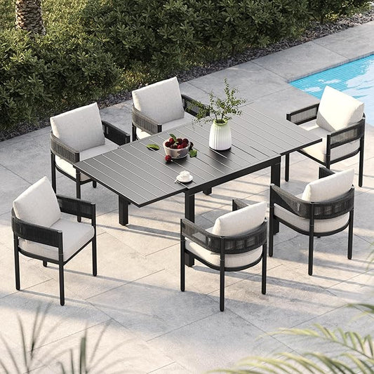 Grand patio 7-Piece Outdoor Dining Set for 6 with 79" Rectangle Expandable Table for 4-6 Person, Metal Woven Wicker Fixed Patio Chairs with Thickened Cushions for Yard, Poolside, Deck (Black)