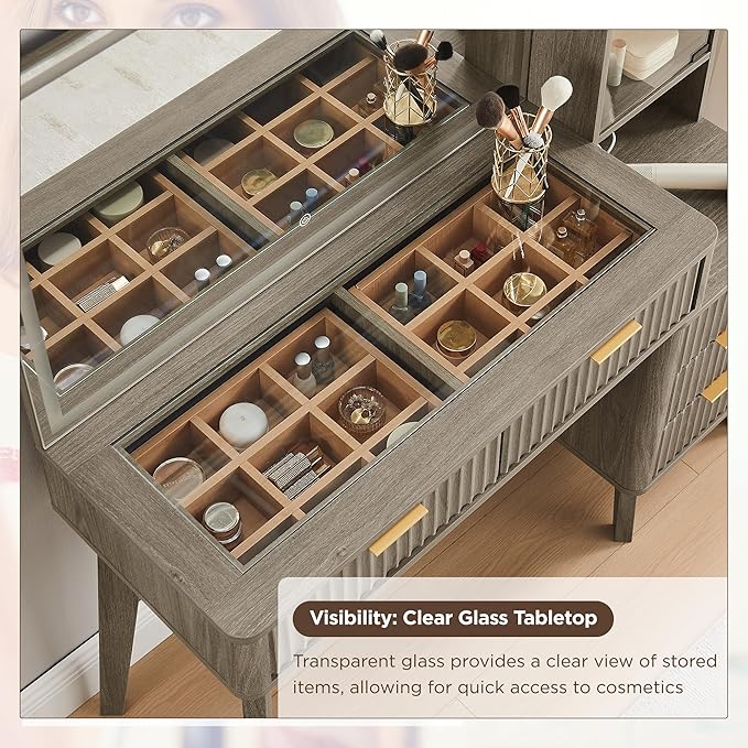 T4TREAM 48" Fluted Makeup Vanity Desk with Large 36" Mirror and Lights, Modern Glass Top Big Vanity Table w/5 Drawers & Adjustable Shelves, Dressing Table w/Charging Station for Bedroom, Grey Alder