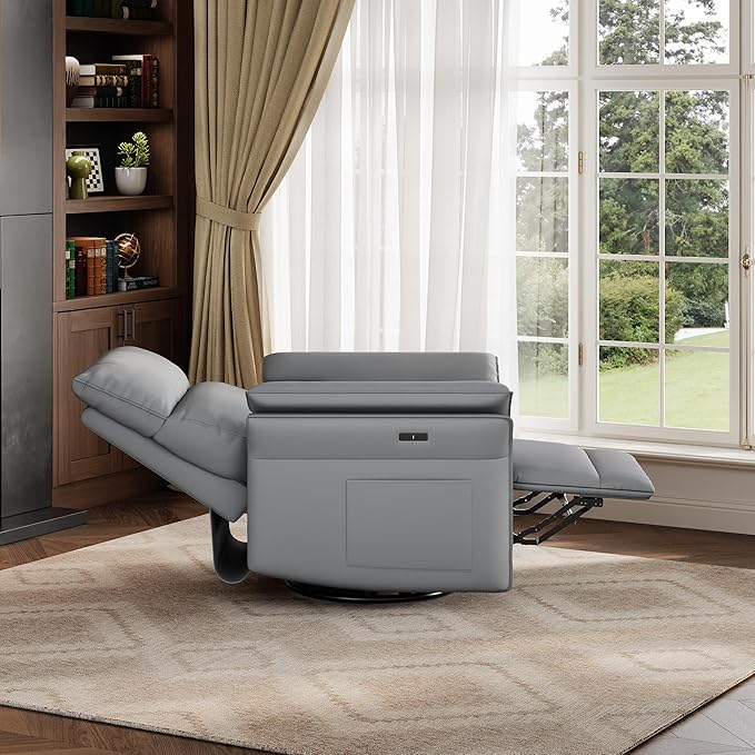 GarveeHome Power Recliner Chair Swivel Glider Upholstered Faux Leather Nursery Rocker Reclining Sofa Chair with Charging Port, Curved Armrests & Padded Backrest (Gray)