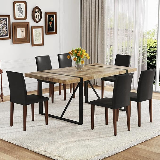 Dining Table Set for 6，Dinner Table Set for 6，71'' Kitchen Table and PU Leather Chairs Set of 6，6 Chair Dining Table Set for Kitchen Dining Room