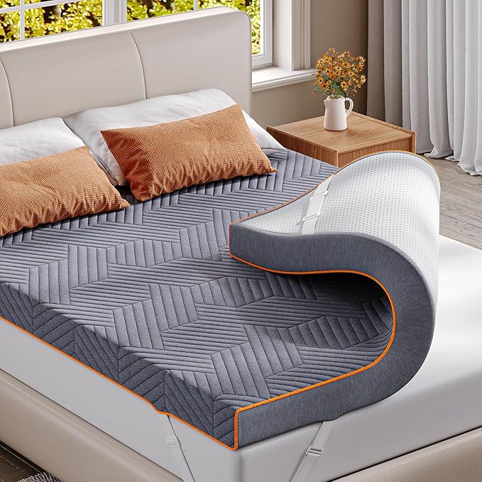 EnHomee Memory Foam Mattress Topper,4 Inch Queen Mattress Topper Pressure Relief with Cooling Gel and Removable & Washable Embossed Cover, CertiPUR-US & Oeko-TEX Certified, Grey, Queen