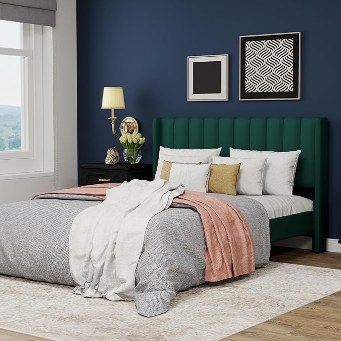 Upholstered Platform Queen Size Bed Frame with Headboard Wooden Slats Support No Noise Easy Assembly Green Velvet