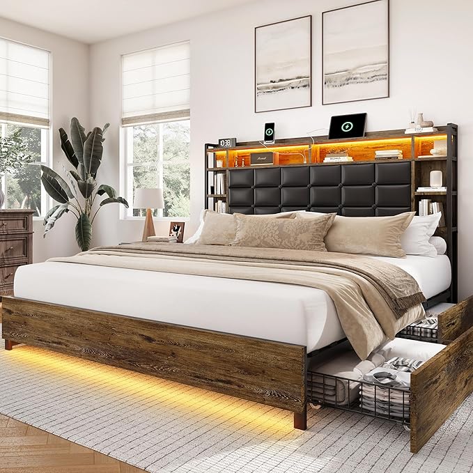 Queen Size Bed Frame with 4 Storage Drawers and Bookcase Headboard, Faux Leather Upholstered, Wooden Platform Bed Frame with Charging Station and LED Lights, No Box Spring Needed, Brown