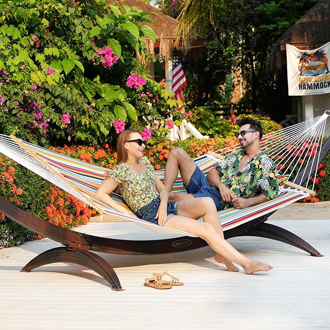 Lazy Daze 12 FT Sunbrella Quilted Hammock Double Hammock with Hardwood Spreader Bar, for Patio Outdoor Outside All Weather, 450 lbs Capacity, Carousel Confetti