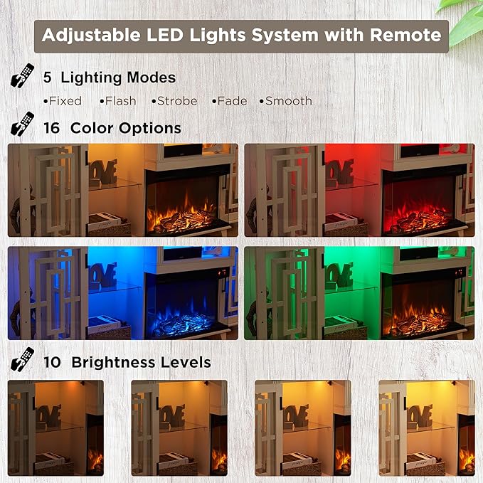 JXQTLINGMU Fireplace TV Stand for 75" TV, 32" Tall Farmhouse Entertainment Center with 26'' Electric Fireplace & LED Light, Rustic Media Console with 2 Large Storage Cabinets for Living Room, White