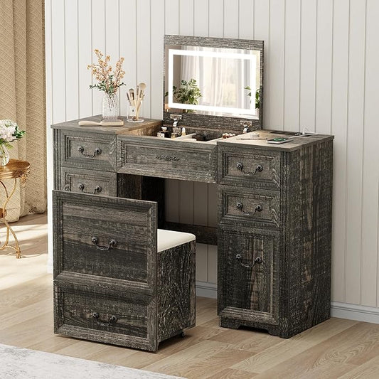 Farmhouse Vanity Desk with Flip up Vanity Mirror and Lights,Rustic Makeup Vanity with Charging Station and Hidden Drawer,Vanity Table Set with Drawers/6-Compartment/Cabinets, Rustic Oak