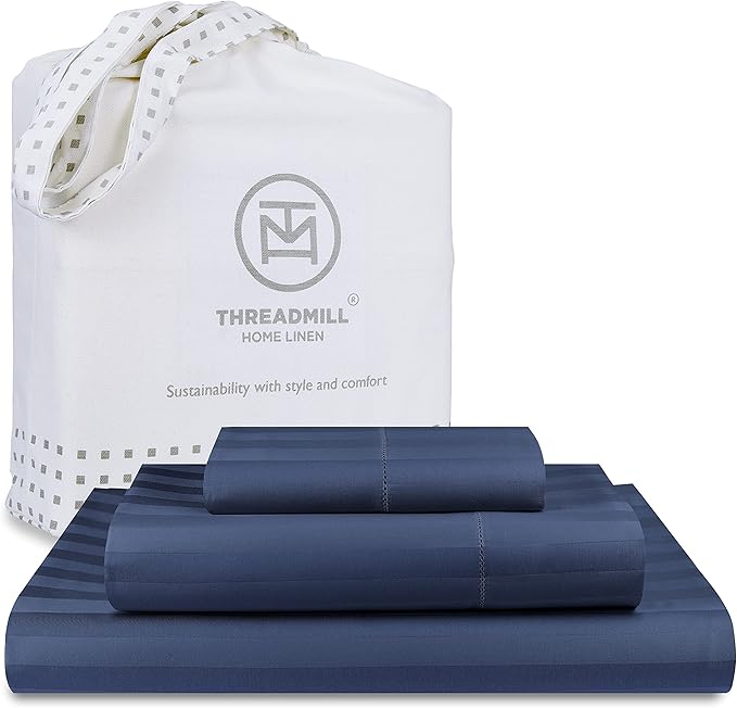 Threadmill 500 Thread Count Twin Size Damask Stripe, 3 Pc Luxury Cotton Bedding Set, Breathable Folkstone Blue Sheets with 15" Elasticized Deep Pocket, 1 Pillowcase & Free Tote Bag