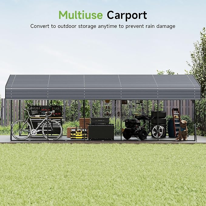 Real Relax 13' x 26' Heavy Duty Metal Carport, Outdoor Garage Car Shelter Shade with Removable Sidewalls, Extra Long Heavier Metal Frame for SUV Trucks and Boats, Gray