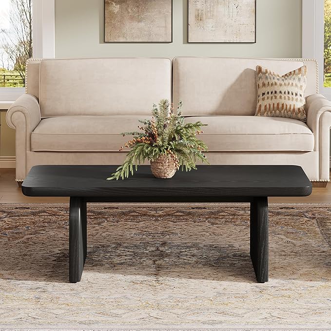 Tribesigns Farmhouse Coffee Table for Living Room, 47-Inch Mid-Century Rectangular Center Table with Rounded Corners, Modern Low Large Cocktail Tea Furniture, Easy Assembly (Black)