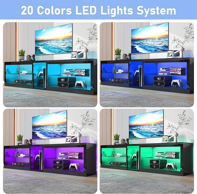 Vinctik 6&Fox 80in High Gloss LED TV Stands w/Power Outlet,60,000-Colors Lighting for 80 85 90inch TV,Modern Black LED Entertainment Center w/Adjustable Glass Shelves for Living Room