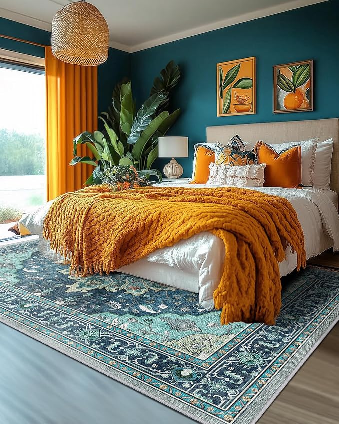 Area Rugs 5'x8' Washable Non-Slip, Floral Vintage Distress Print Pattern Medallion Carpet for Living Room Bedroom Dining Room, Teal Green Lake Blue Turquoise