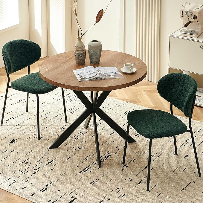3-Piece Kitchen Table and Chairs Set,37" Round MDF Living Coffee Table with 2 Seated Green Boucle Dining Chairs Upholstered, Open-Back Living Room Chairs for Restaurant, Home, Coffe Shop