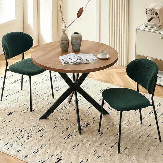 3-Piece Kitchen Table and Chairs Set,37" Round MDF Living Coffee Table with 2 Seated Green Boucle Dining Chairs Upholstered, Open-Back Living Room Chairs for Restaurant, Home, Coffe Shop
