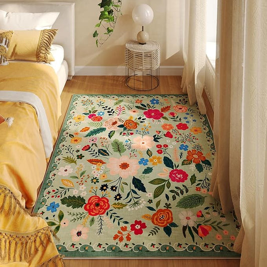 Bedroom Rug 3x5 Rug Washable Area Rug Non Slip Low Pile Boho Floral Small Carpet for Bedroom, Bedside, Kitchen, Entryway, Kids Room, Office, College Dorm Essentials for Girls(Green)