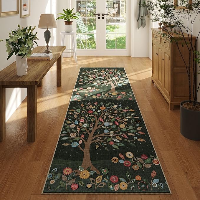 Runner Rug for Kitchen Rug Non Slip 2'x6' Washable Rugs Floral Tree with Rubber Backing Bohemian Soft Carpet Runner for Kitchen, Laundry, Bedroom, Bathroom, Green