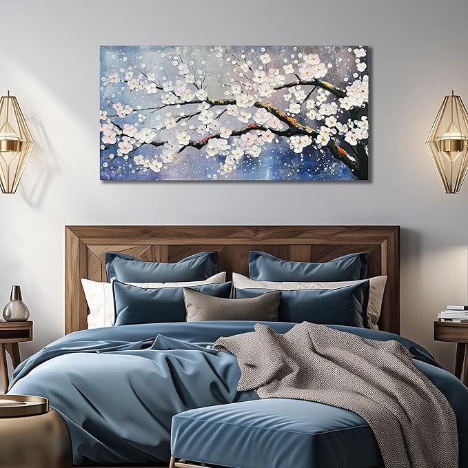 aburaeart Plum Blossom Painting Wall Art For Living Room Blue And White Wall Art For Office Women Modern Art Wall Decor Bedroom Size 20 x 40 Inch