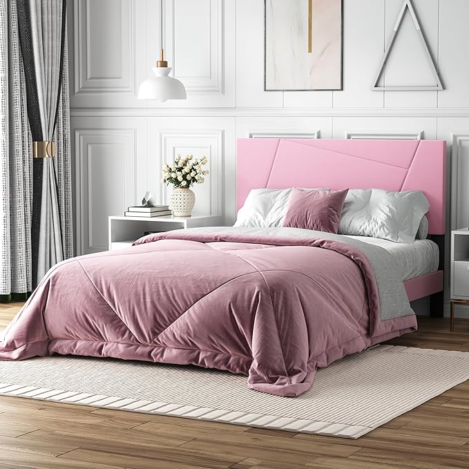 Full Size Bed Frame, Full Platform Bed Frame with Velvet Upholstered Headboard, Geometric, Sturdy Frame and Wooden Slats, Noiseless, No Box Spring Required, Easy to Assemble，Pink